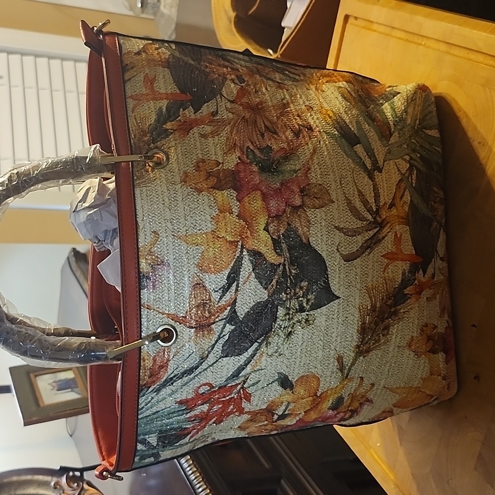 Floral Tote Bag With Bamboo Handles. Color Is A Deep Peach